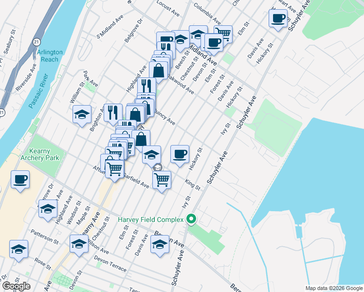 map of restaurants, bars, coffee shops, grocery stores, and more near 301 Forest Street in Kearny