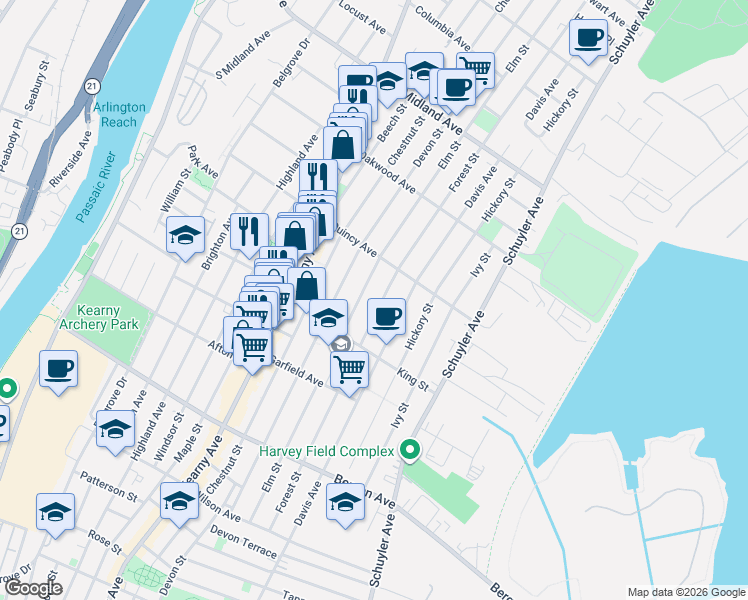 map of restaurants, bars, coffee shops, grocery stores, and more near 301 Forest Street in Kearny