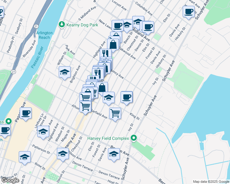 map of restaurants, bars, coffee shops, grocery stores, and more near 410 Devon Street in Kearny