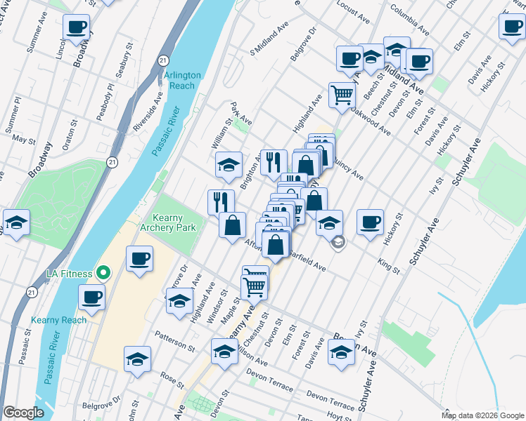 map of restaurants, bars, coffee shops, grocery stores, and more near 175 Windsor Street in Kearny