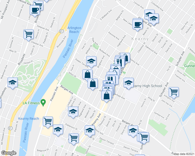 map of restaurants, bars, coffee shops, grocery stores, and more near 25 Halstead Street in Kearny