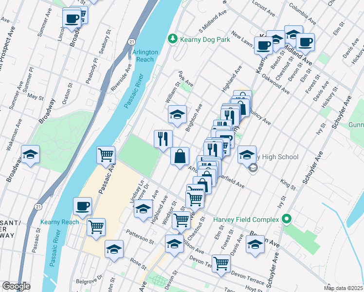 map of restaurants, bars, coffee shops, grocery stores, and more near 25 Halstead Street in Kearny