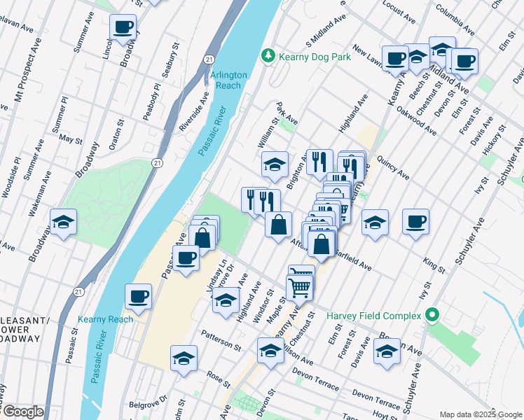 map of restaurants, bars, coffee shops, grocery stores, and more near 352 Belgrove Drive in Kearny