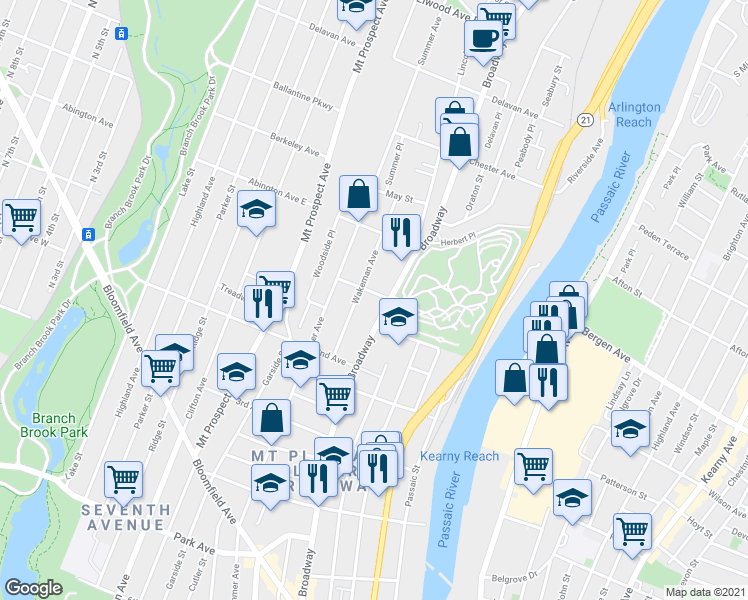 map of restaurants, bars, coffee shops, grocery stores, and more near 65-67 Wakeman Avenue in Newark