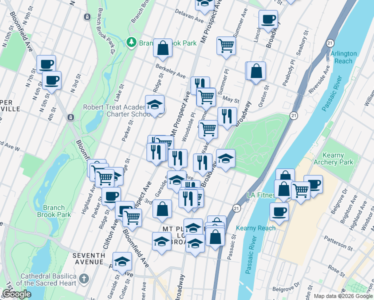 map of restaurants, bars, coffee shops, grocery stores, and more near 357 Summer Avenue in Newark