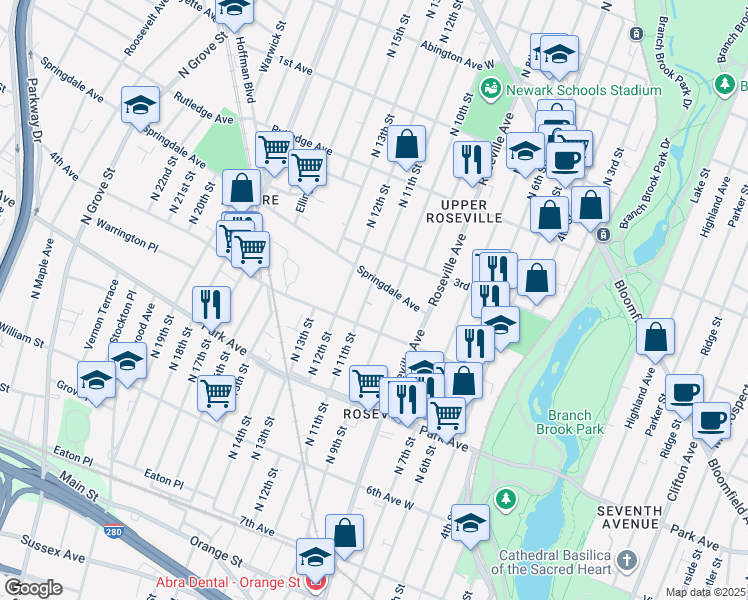 map of restaurants, bars, coffee shops, grocery stores, and more near 254 North 11th Street in Newark