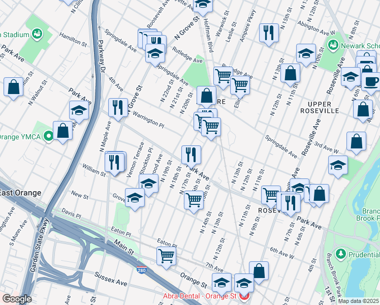 map of restaurants, bars, coffee shops, grocery stores, and more near 174 North 18th Street in East Orange