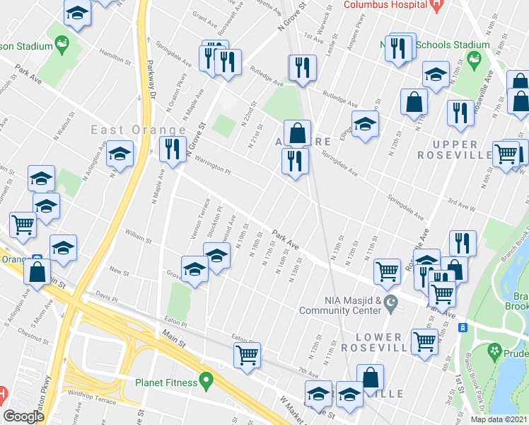 map of restaurants, bars, coffee shops, grocery stores, and more near 174 North 19th Street in East Orange