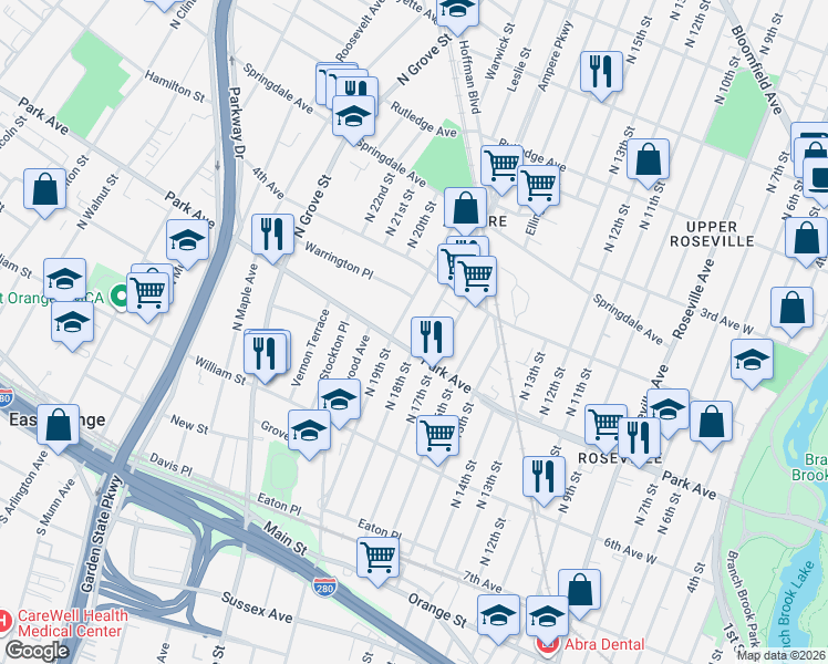 map of restaurants, bars, coffee shops, grocery stores, and more near 174 North 19th Street in East Orange