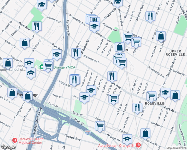 map of restaurants, bars, coffee shops, grocery stores, and more near 140 Park Avenue in East Orange