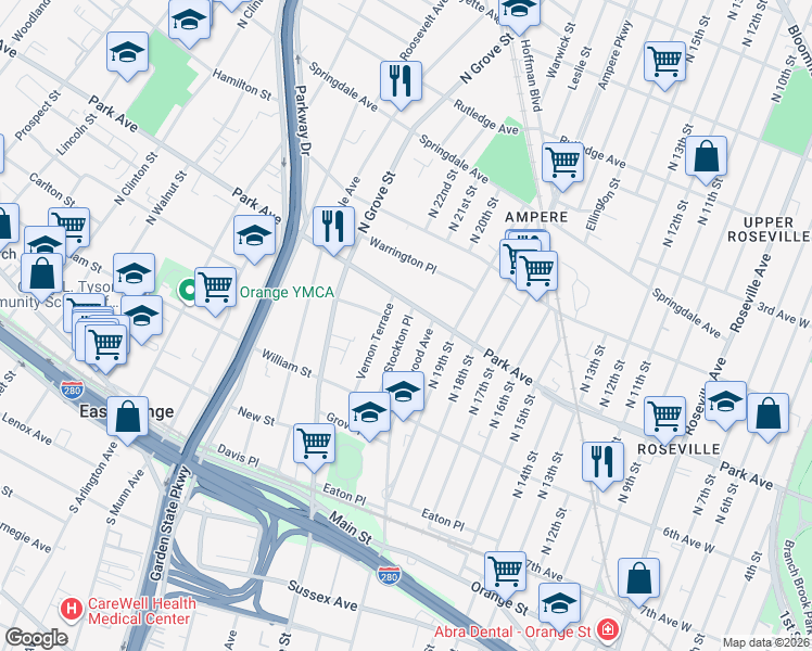 map of restaurants, bars, coffee shops, grocery stores, and more near 80 Vernon Terrace in East Orange