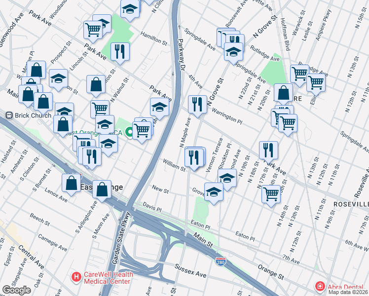 map of restaurants, bars, coffee shops, grocery stores, and more near 192 North Maple Avenue in East Orange