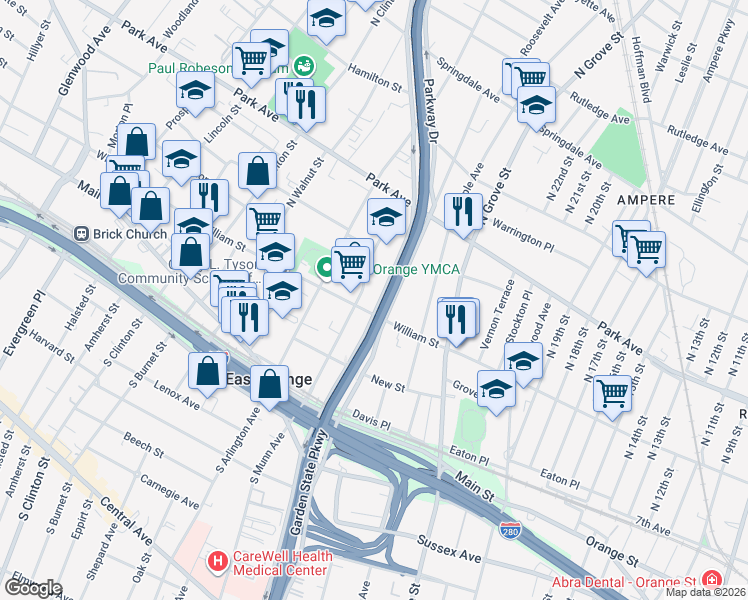 map of restaurants, bars, coffee shops, grocery stores, and more near 162 North Munn Avenue in East Orange