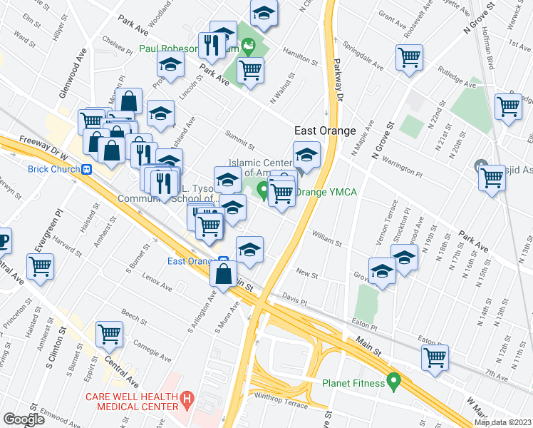 map of restaurants, bars, coffee shops, grocery stores, and more near 320 William Street in East Orange