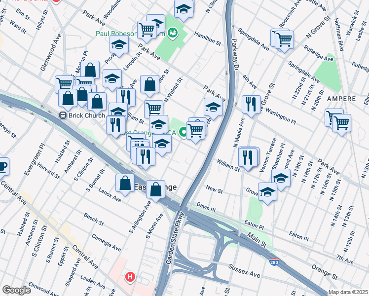 map of restaurants, bars, coffee shops, grocery stores, and more near 320 William Street in East Orange