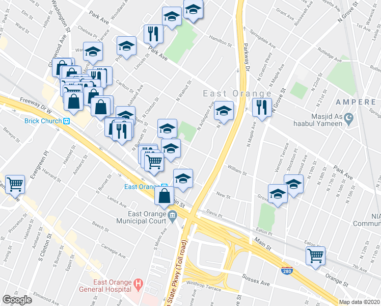 map of restaurants, bars, coffee shops, grocery stores, and more near 351 William Street in East Orange