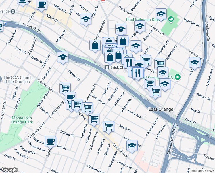 map of restaurants, bars, coffee shops, grocery stores, and more near 62 Halsted Street in East Orange
