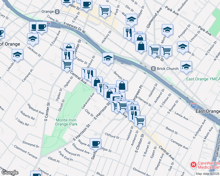 map of restaurants, bars, coffee shops, grocery stores, and more near 58 Hampton Terrace in City of Orange