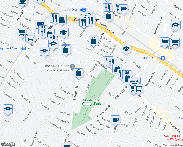 map of restaurants, bars, coffee shops, grocery stores, and more near 281 Ogden Street in City of Orange