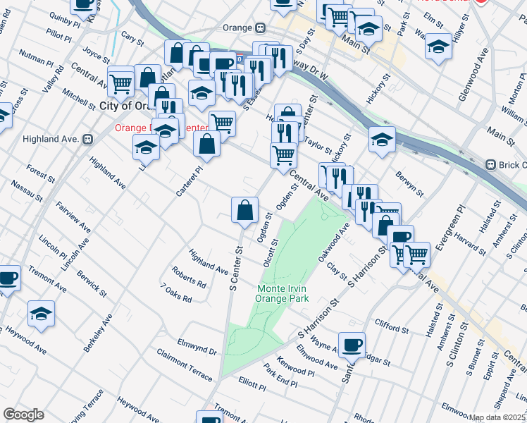 map of restaurants, bars, coffee shops, grocery stores, and more near 306 South Center Street in City of Orange