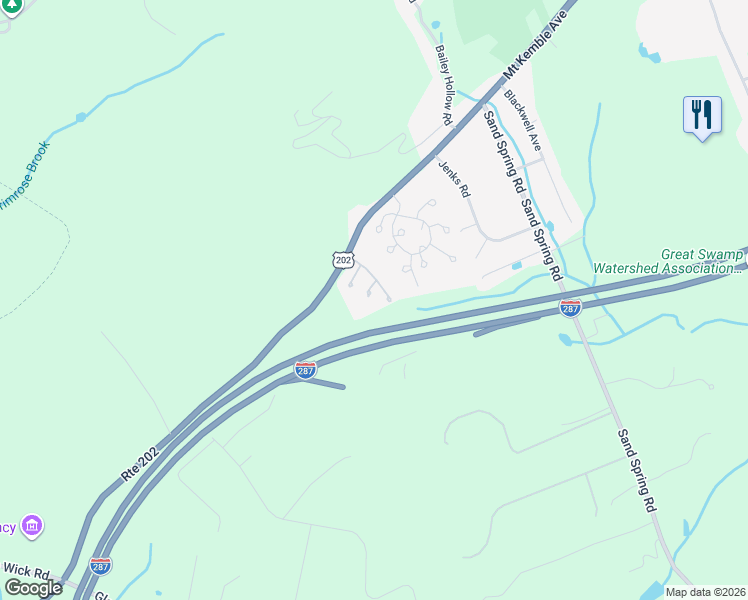 map of restaurants, bars, coffee shops, grocery stores, and more near 11 Shadowbrook Lane in Morristown