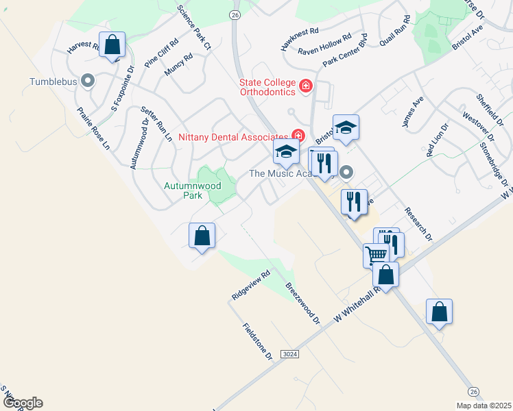map of restaurants, bars, coffee shops, grocery stores, and more near 110 Gala Drive in State College