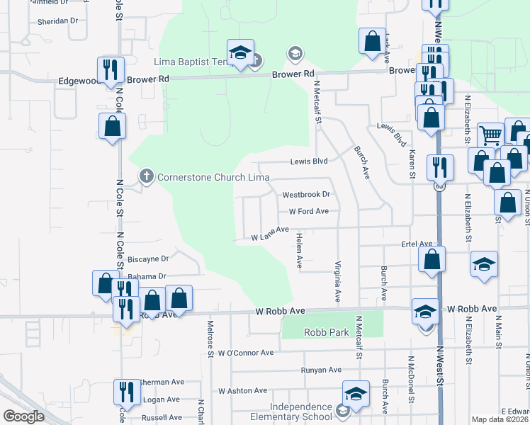 map of restaurants, bars, coffee shops, grocery stores, and more near 1775 Brookwood Drive in Lima