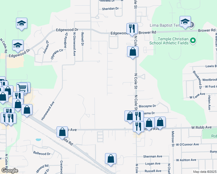 map of restaurants, bars, coffee shops, grocery stores, and more near 1900 Brookhaven Drive in Lima