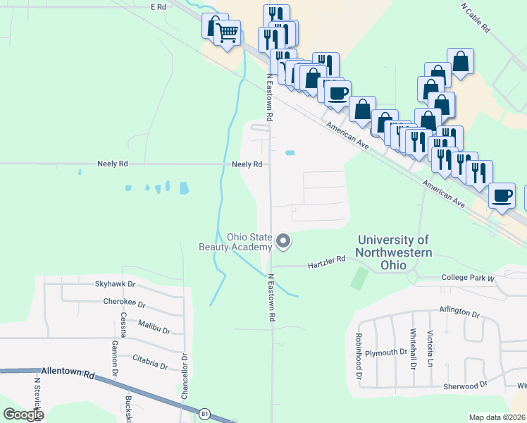 map of restaurants, bars, coffee shops, grocery stores, and more near 1910 North Eastown Road in Elida