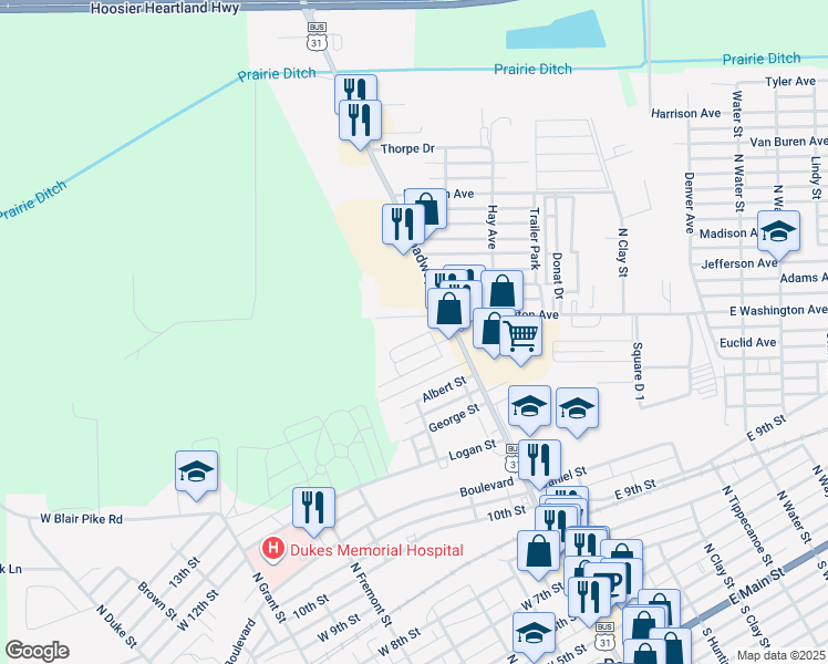 map of restaurants, bars, coffee shops, grocery stores, and more near 2-98 West Washington Avenue in Peru