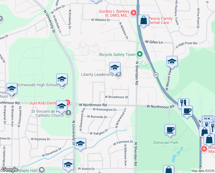 map of restaurants, bars, coffee shops, grocery stores, and more near 6304 North Saint Marys Road in Peoria