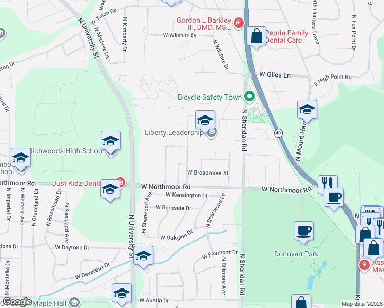 map of restaurants, bars, coffee shops, grocery stores, and more near 6304 North Saint Marys Road in Peoria