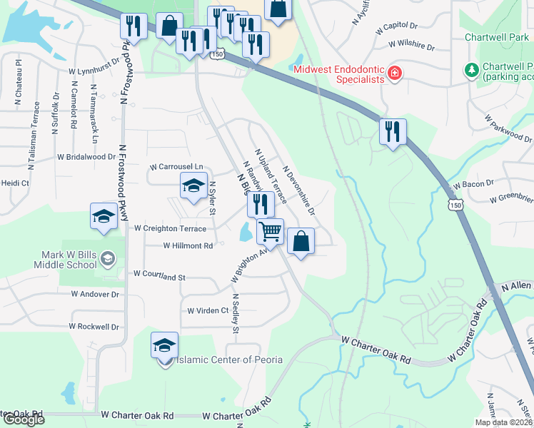 map of restaurants, bars, coffee shops, grocery stores, and more near 6301 North Upland Terrace in Peoria