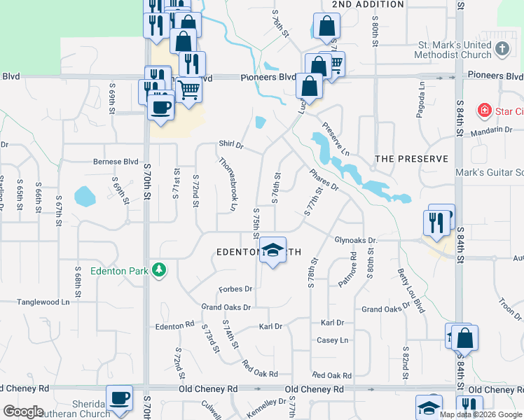 map of restaurants, bars, coffee shops, grocery stores, and more near 4930 South 75th Street in Lincoln
