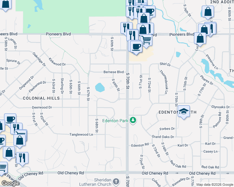 map of restaurants, bars, coffee shops, grocery stores, and more near 4921 South 69th Street in Lincoln