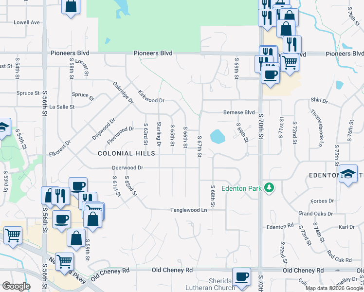 map of restaurants, bars, coffee shops, grocery stores, and more near 4920 South 66th Street in Lincoln
