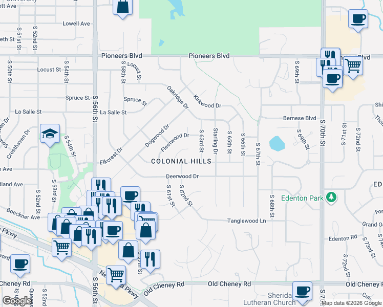 map of restaurants, bars, coffee shops, grocery stores, and more near 6230 South Richland Circle in Lincoln