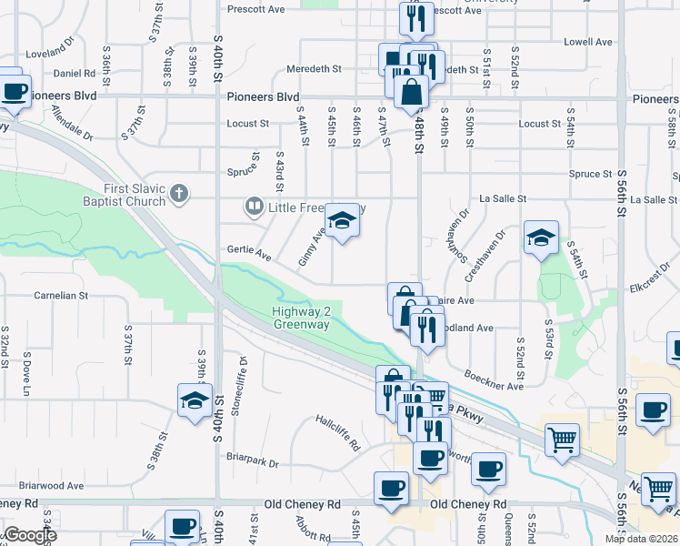 map of restaurants, bars, coffee shops, grocery stores, and more near 4740 South 45th Street in Lincoln