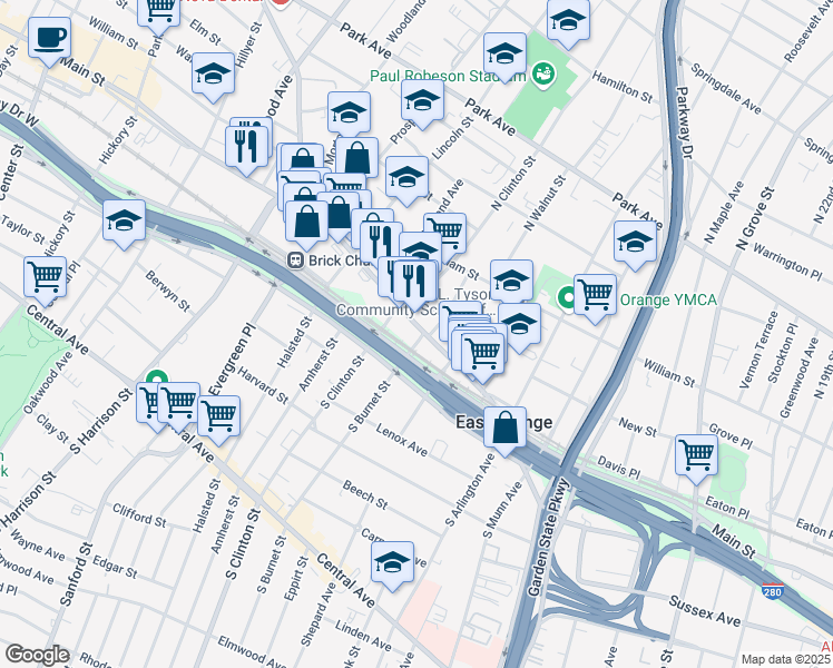 map of restaurants, bars, coffee shops, grocery stores, and more near 430 Main Street in East Orange