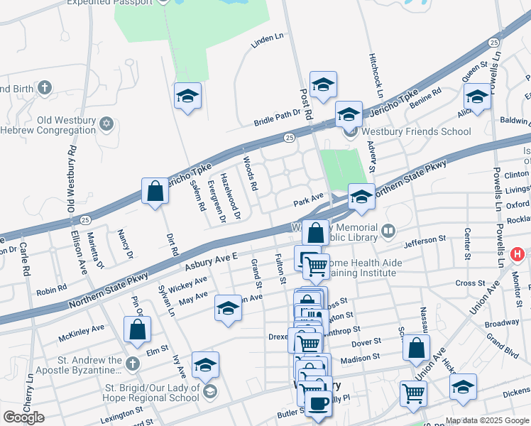 map of restaurants, bars, coffee shops, grocery stores, and more near 100 Park Avenue in Westbury