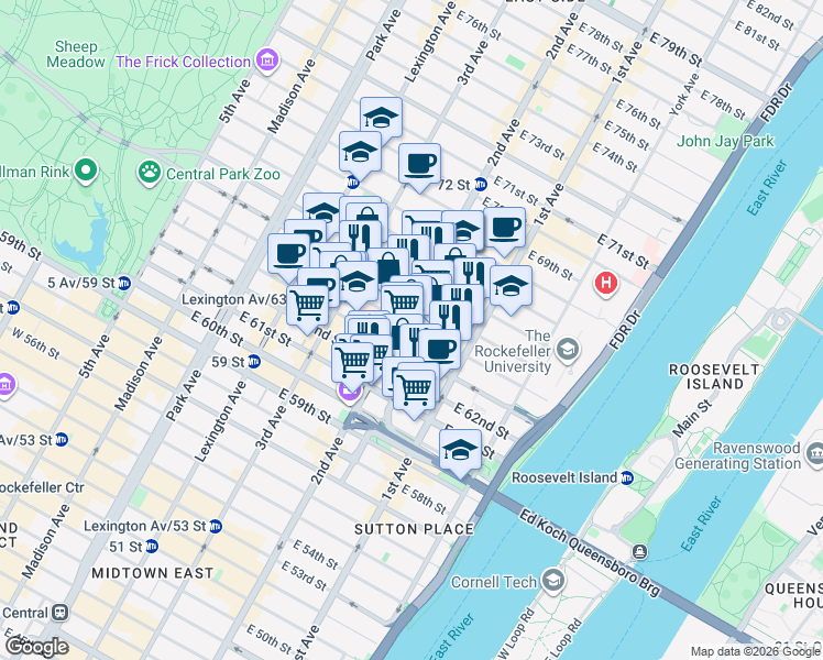 map of restaurants, bars, coffee shops, grocery stores, and more near in New York