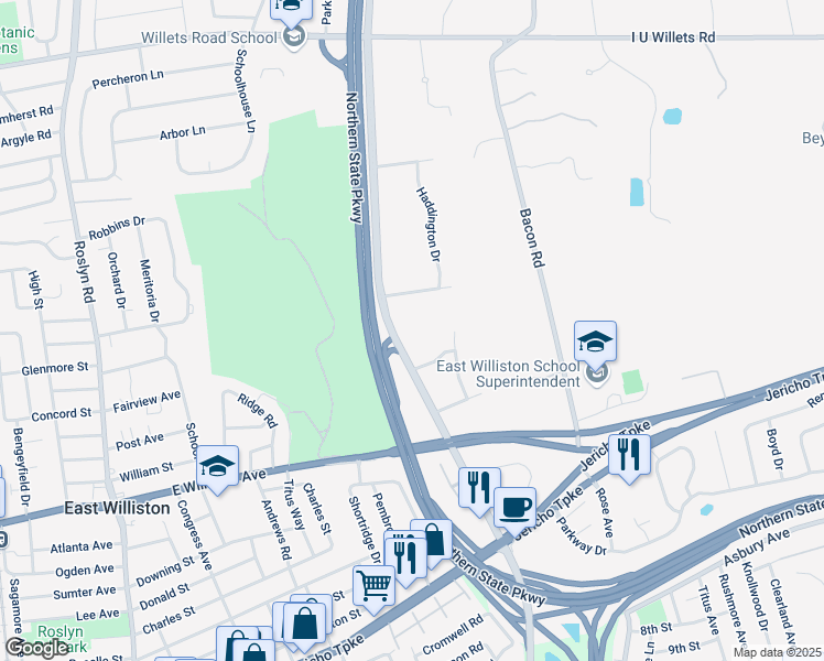 map of restaurants, bars, coffee shops, grocery stores, and more near 6 Tredwell Drive in Old Westbury