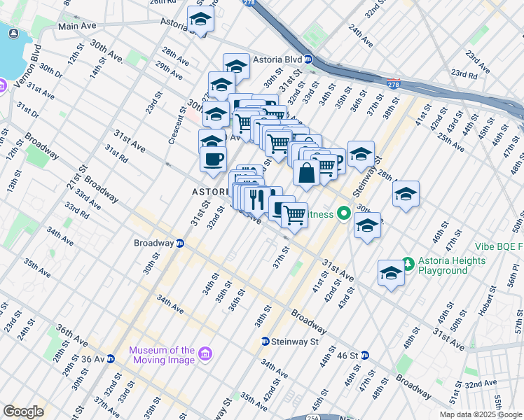 map of restaurants, bars, coffee shops, grocery stores, and more near 30-65 34th Street in Queens