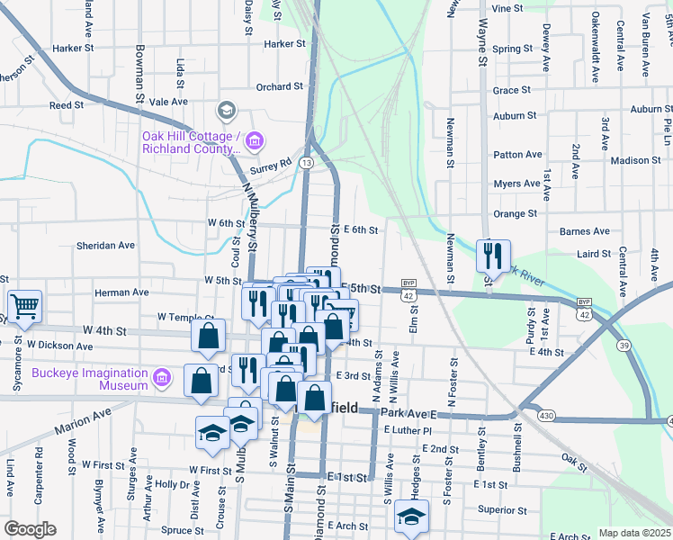 map of restaurants, bars, coffee shops, grocery stores, and more near in Mansfield