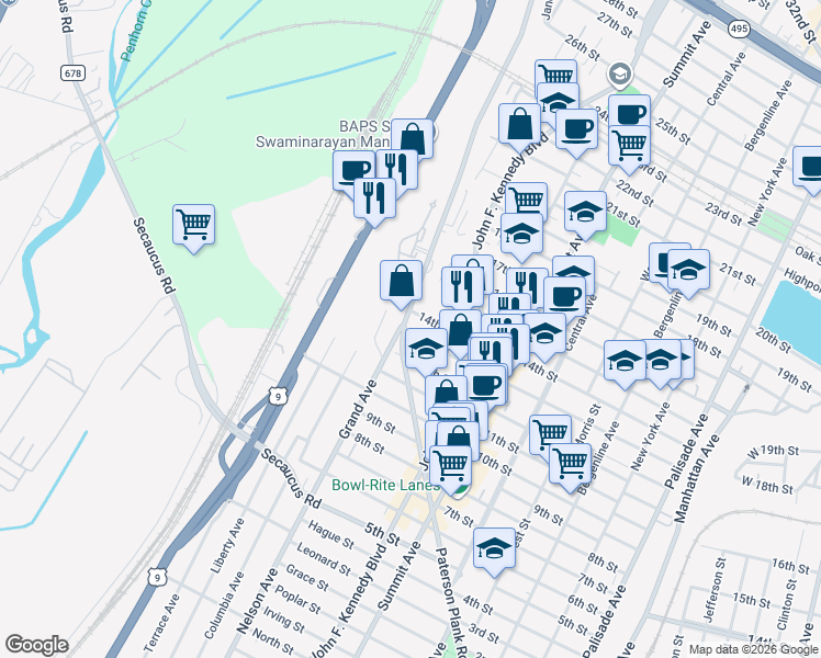map of restaurants, bars, coffee shops, grocery stores, and more near 1402 14th Street in North Bergen