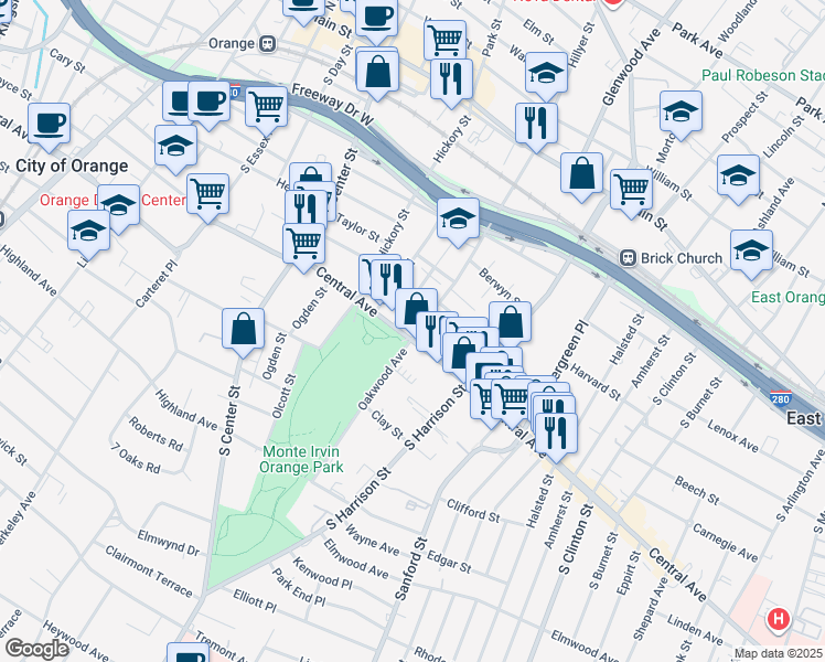 map of restaurants, bars, coffee shops, grocery stores, and more near 212 Oakwood Place in City of Orange