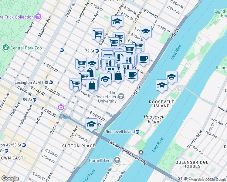 map of restaurants, bars, coffee shops, grocery stores, and more near 1233 York Avenue in New York