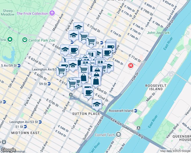 map of restaurants, bars, coffee shops, grocery stores, and more near 344 East 65th Street in New York