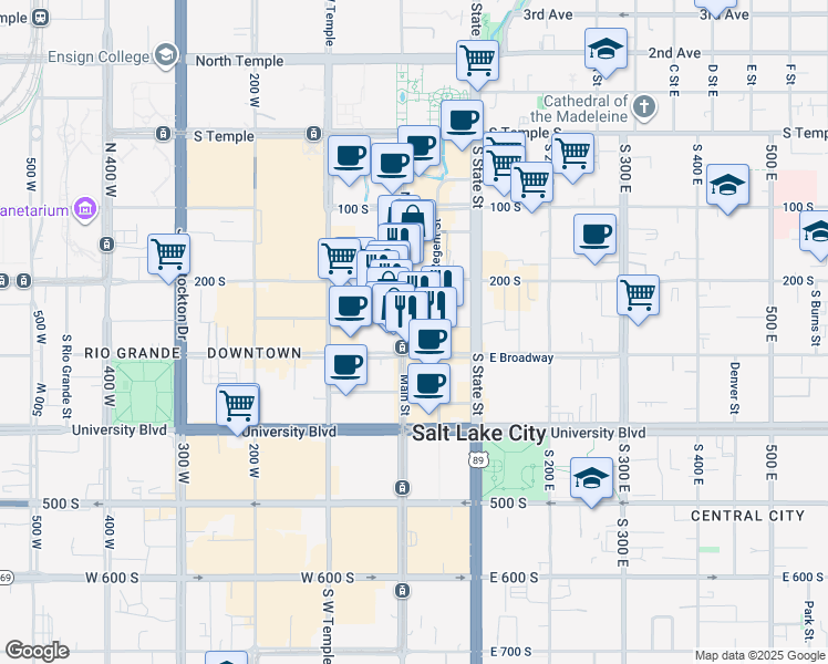 map of restaurants, bars, coffee shops, grocery stores, and more near 299 Main Street in Salt Lake City