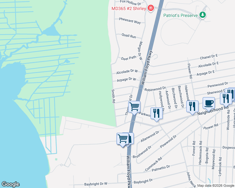 map of restaurants, bars, coffee shops, grocery stores, and more near 184 Robinwood Drive West in Shirley
